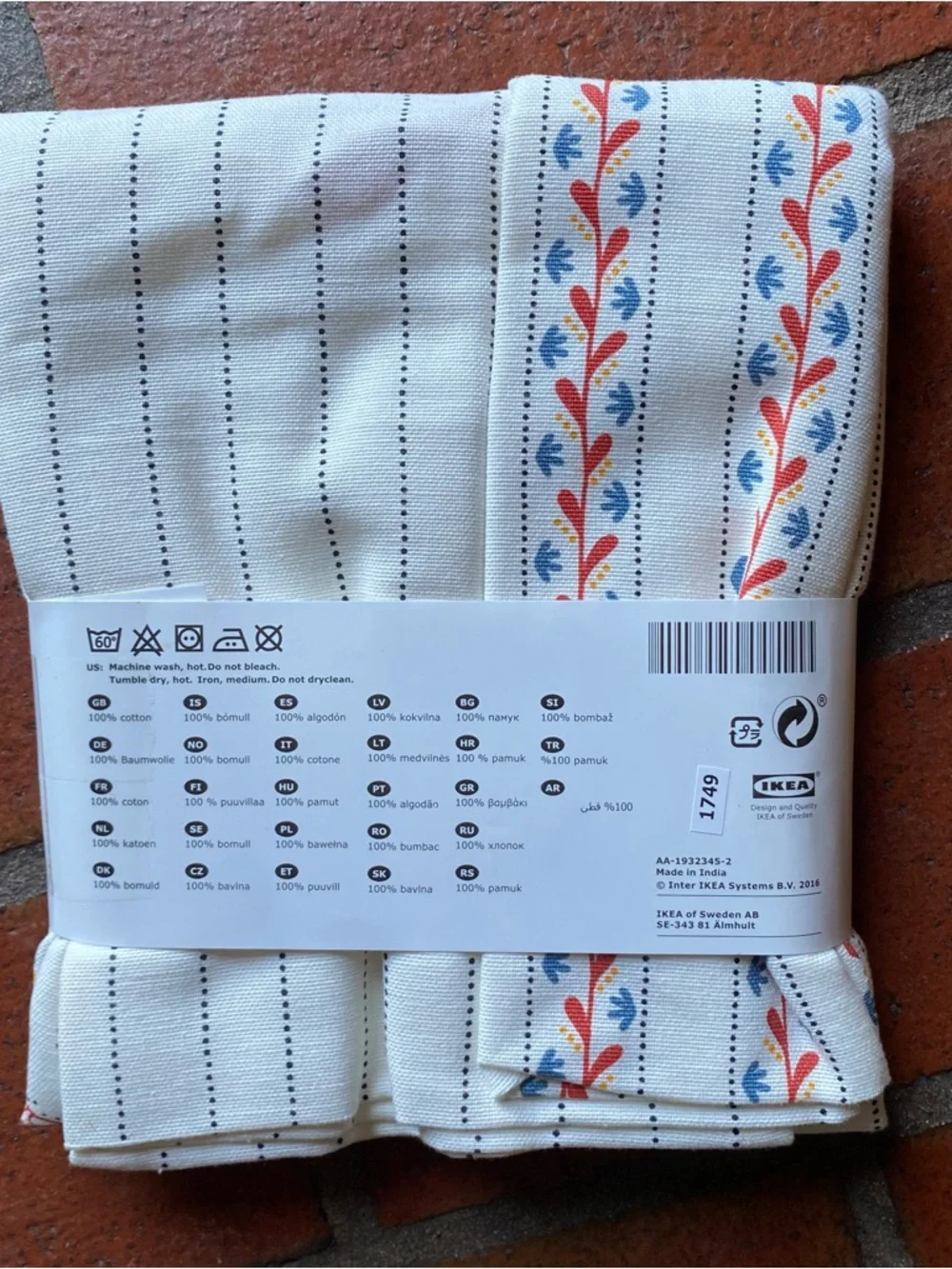 NWT IKEA FINSTILT Cotton Tea Towels - Blue, Red & White Floral Stripe (2-Pack)